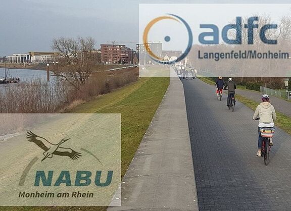 Logos von NABU und ADFC. Im Hintergrund ist der Rhein und ein Radweg, der nach Monheim führt zu sehen.