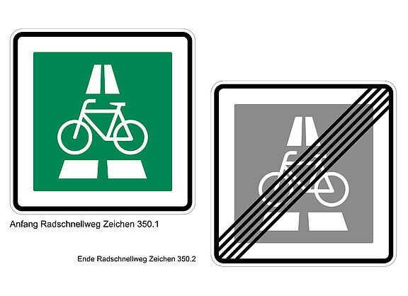 Schild Radschnellweg Anfang  grün und Schild Ende Radschnellweg grau