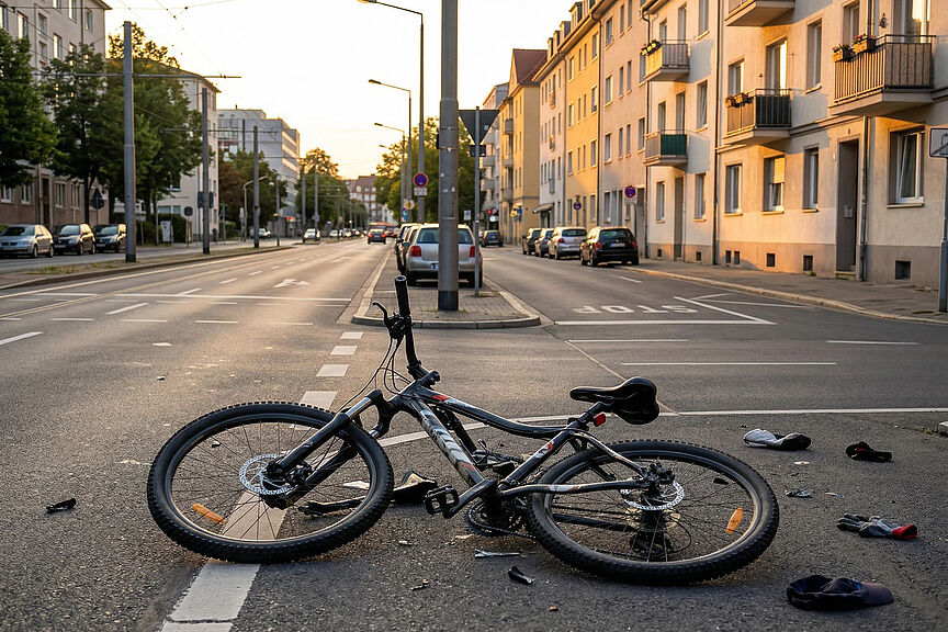 Unfallsituation mit Fahrrad Fahrrad liegt auf der Kreuzung Unfallsituation